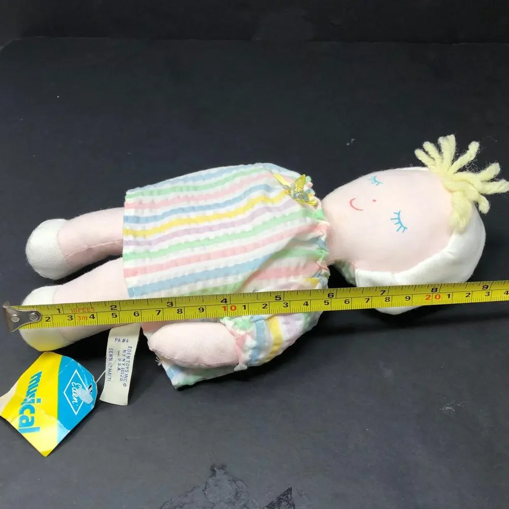 Eden Cloth Baby Doll Musical Plush‎ Striped Dress Blonde Yarn Hair Bonnet VTG